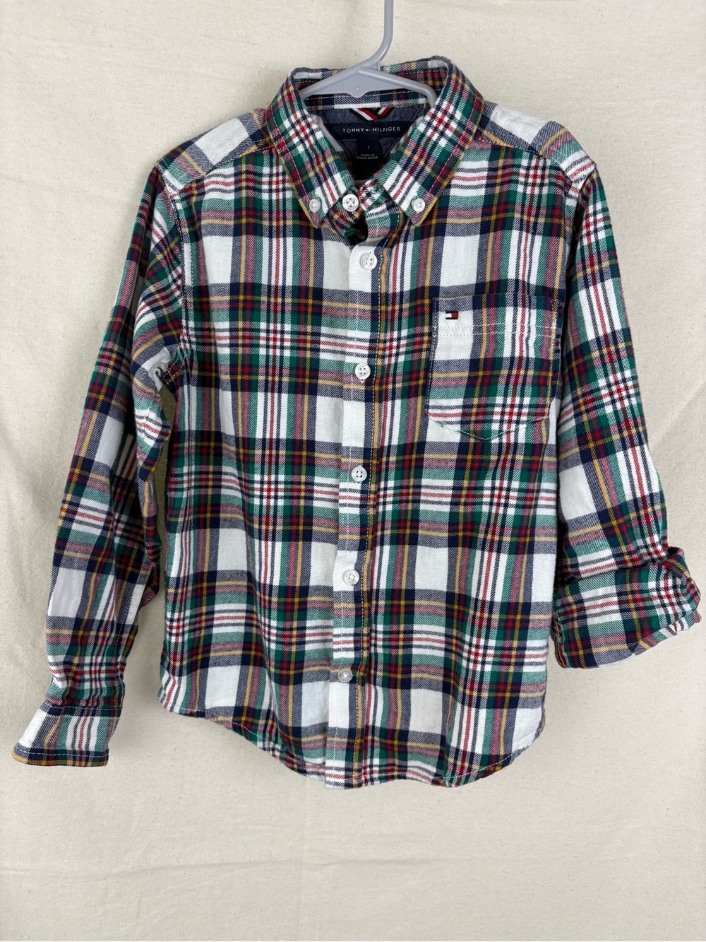 Tommy Hilfiger Men's White Plaid Button-Down Shirt with Green & Navy